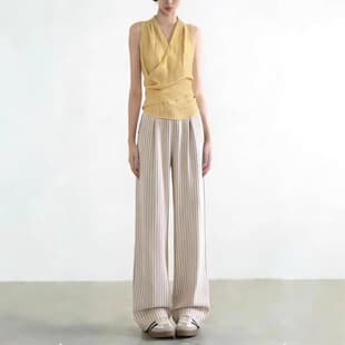 Korean Casual Yellow V-Neck Halter Sleeveless Blouse + Striped Wide-Leg Pants Set Women's Summer