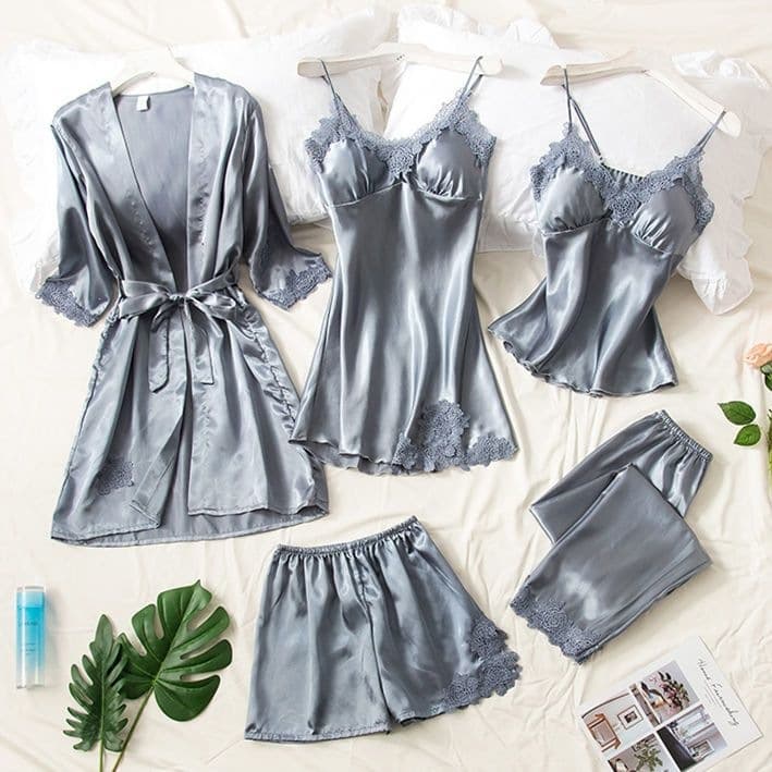 Spring and Autumn Pajamas Feminine Five-piece Suit Silk Thin Nightgown Summer Ice Silk Women's Nightgown with Breast Pad Summer