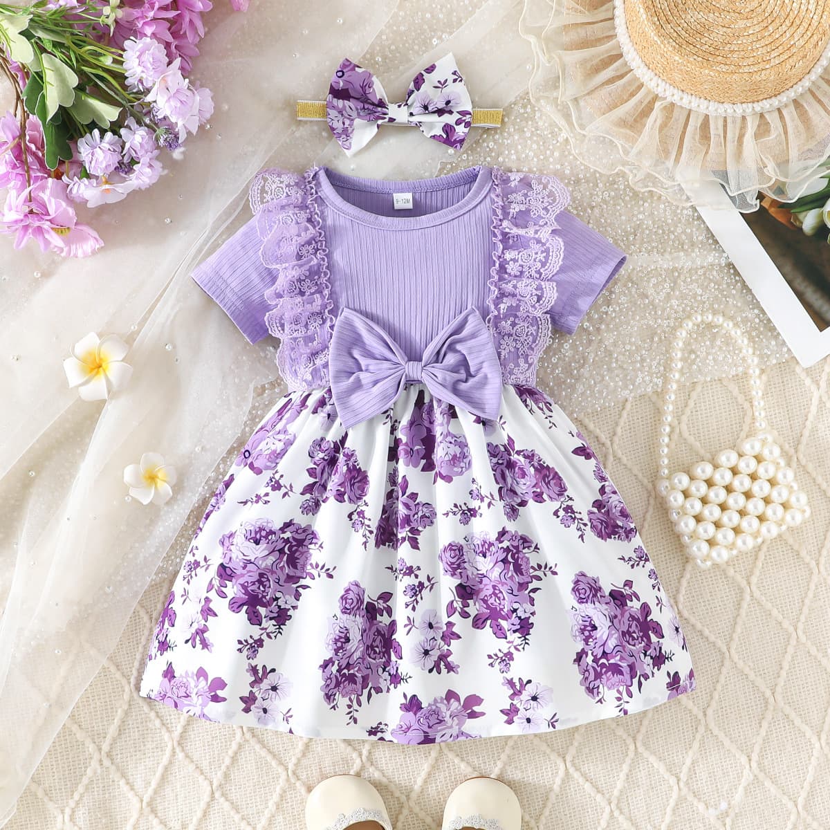 2026 European and American little girl bow lace ruffle print dress + baby cute headscarf two-piece set