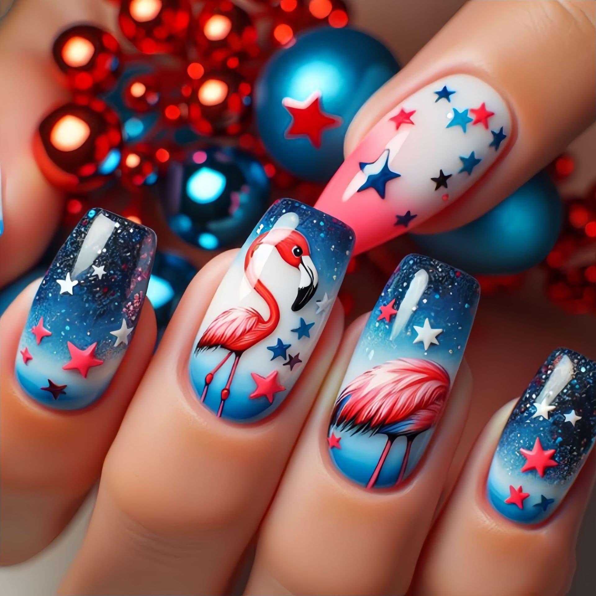 Press-on manicure patches, blue manicure, medium-length European square manicure patches, Independence Day manicure