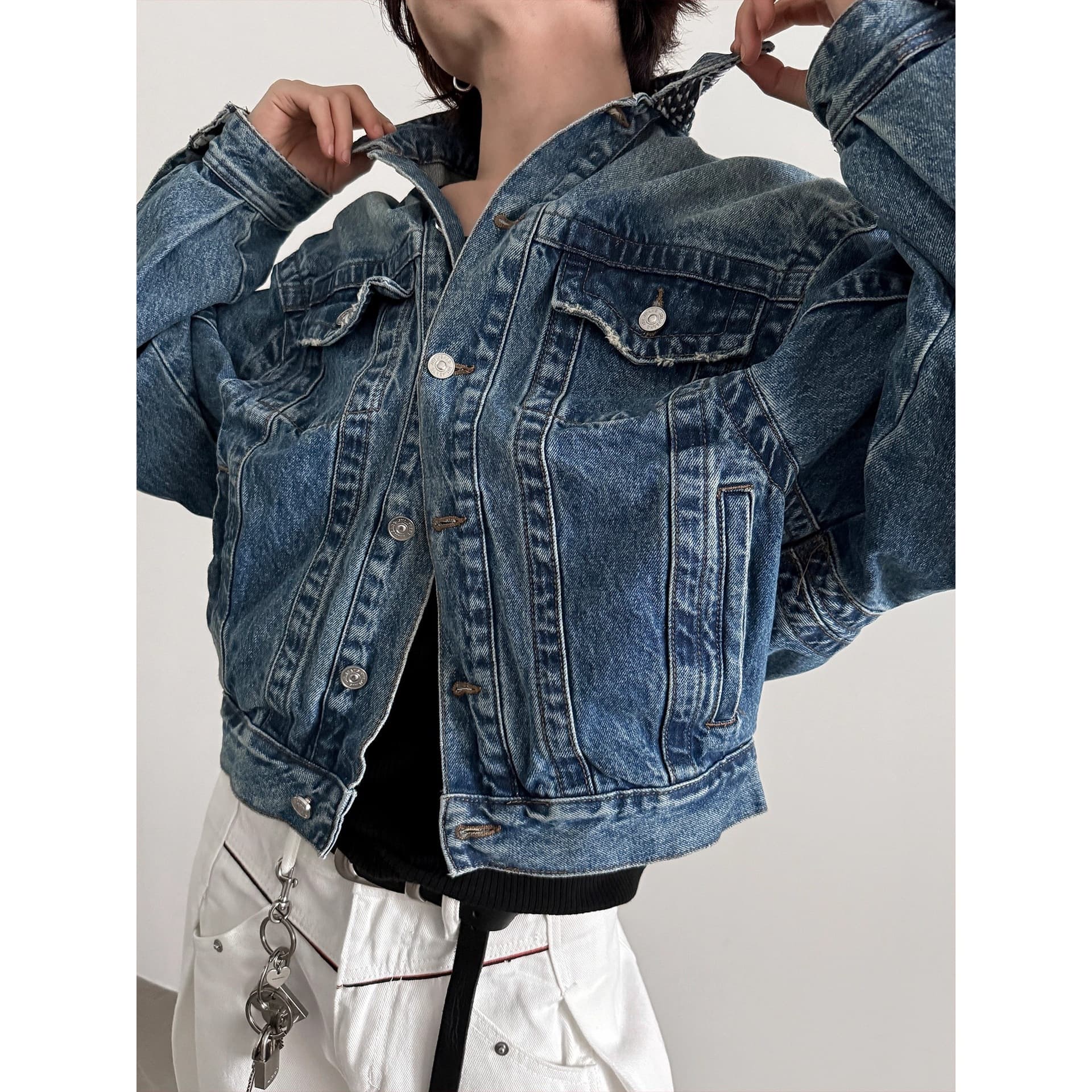VERY FEWEST Heavyweight Vintage Washed 3D Tailored Denim Jacket Cleanfit Short Cropped Jacket for Men and Women