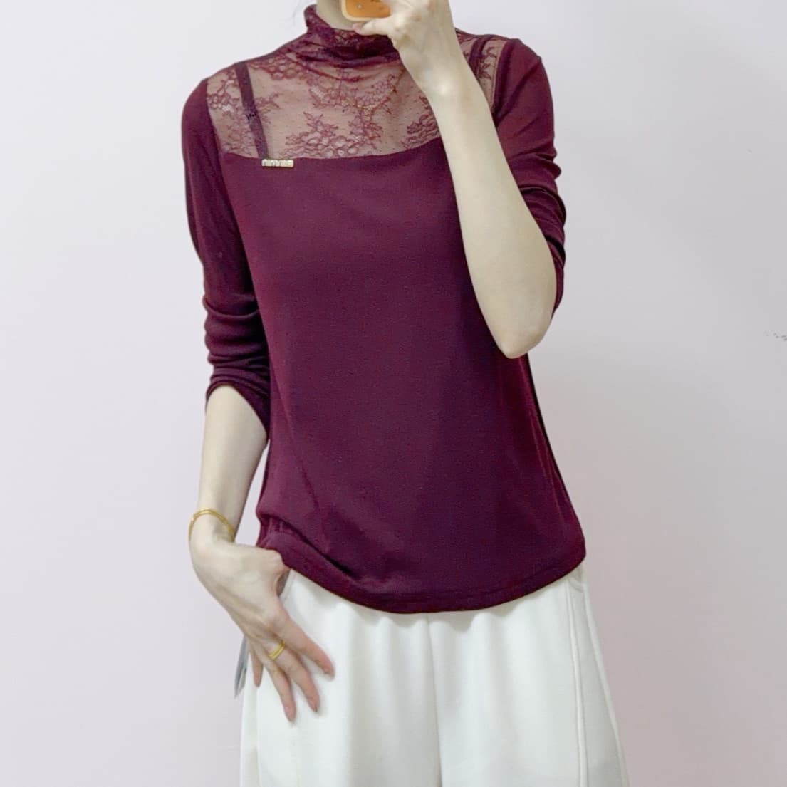 2026 Early Spring Brand Boutique Fashionable Versatile Slim High Neck Pullover Lace Trim Fleece Lined Top 703