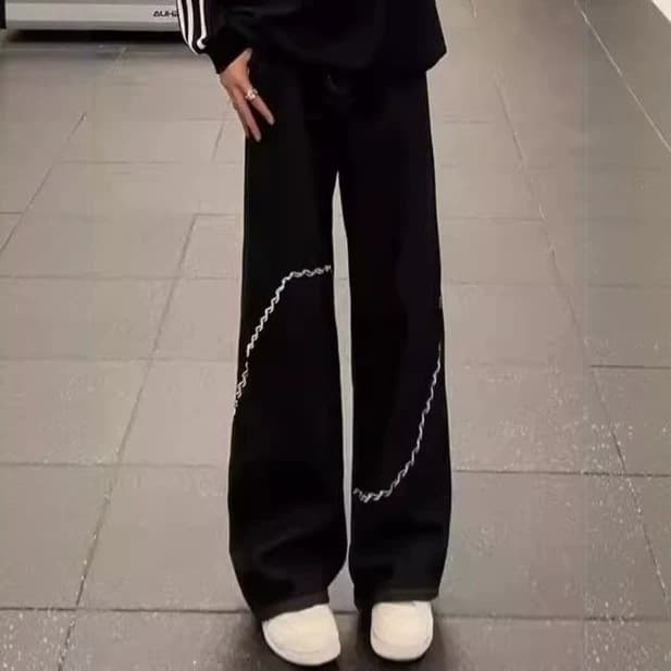 Black Embroidered Jeans Men Straight Loose Curved Leg American High Street Pants Trendy Casual Rogue Style Long Pants