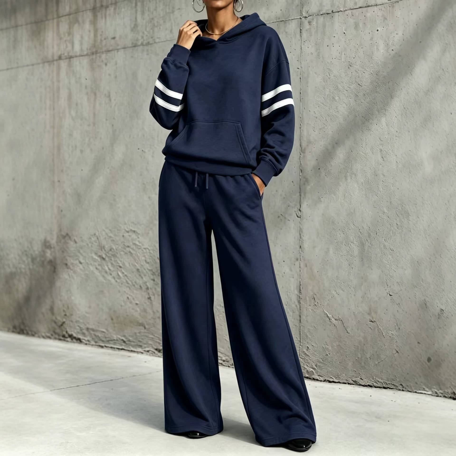 2026 Fall/Winter New Cross-Border European and American Women's Fashion Hooded Sweatshirt Wide Leg Pants Two-Piece Set Casual Sporty Style