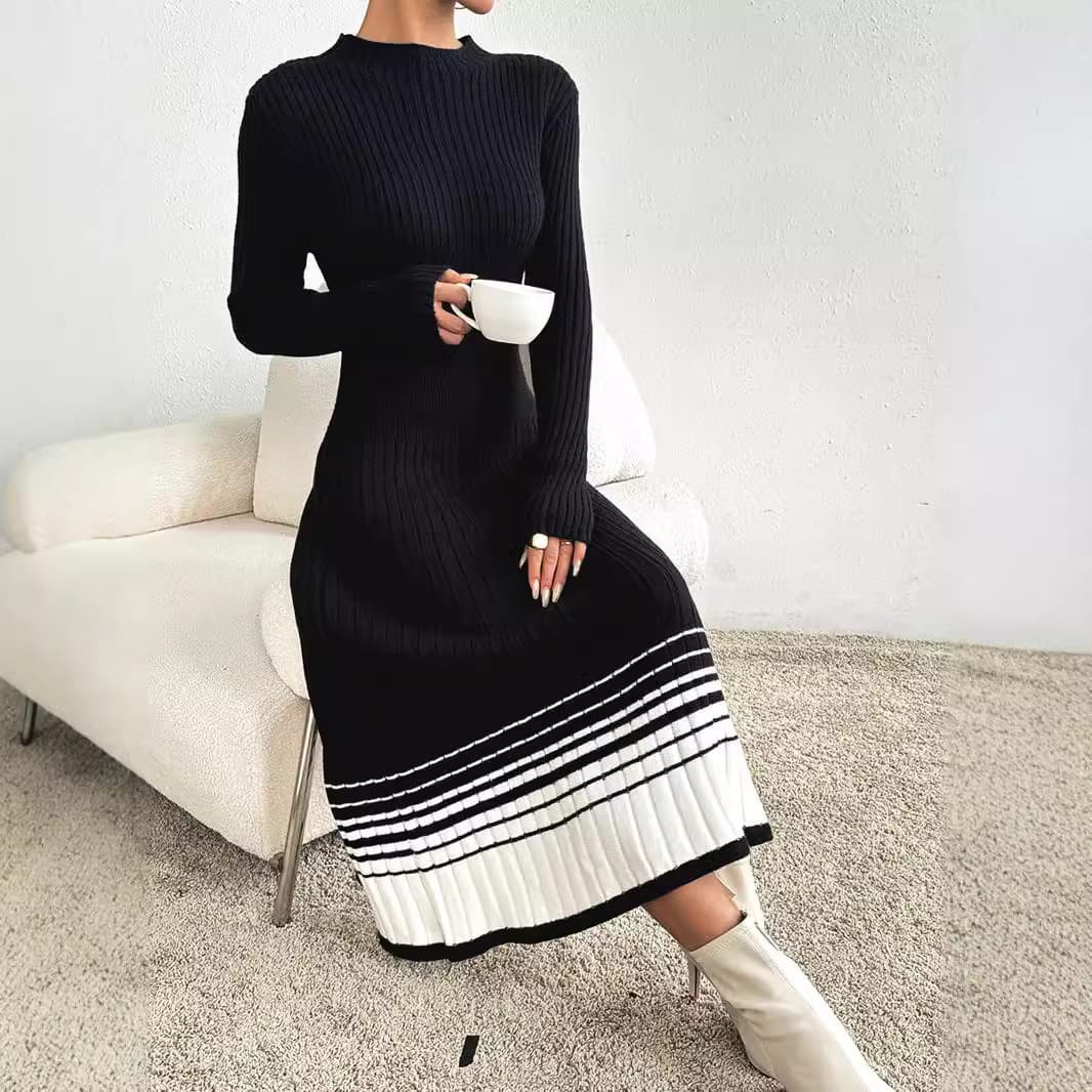 Women's Sweater Dress Black White Striped Pleated Long Dress Midweight Polar Fleece Round Neck Long Sleeve Vintage Style