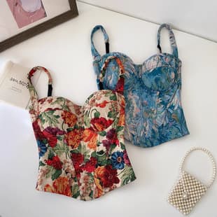 French Retro Oil Painting Camisole Bustier Top for Women, Summer Slim Fit Sexy Unique Style