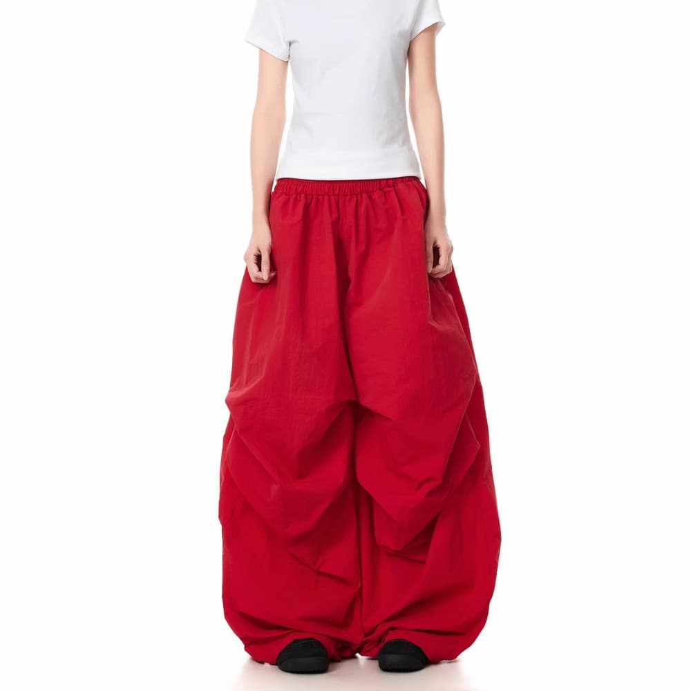 American High Street Red Cargo Paratrooper Pants Women Loose Casual Jazz Dance Wide-Leg Drape Floor-Length