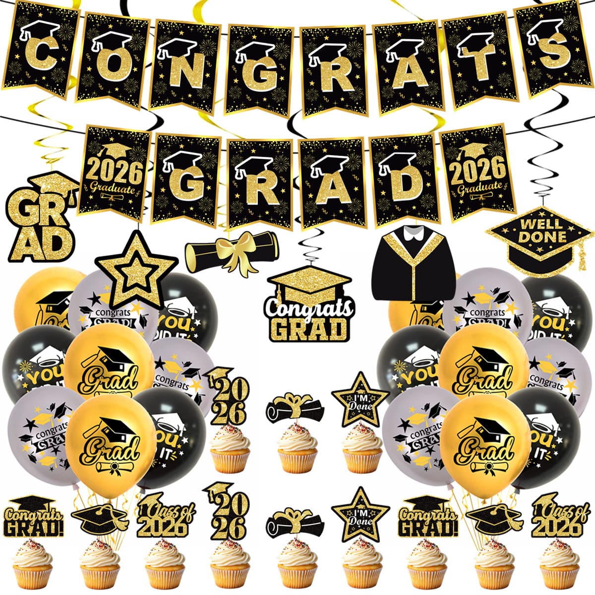 2026 Graduation Theme Balloon Flag Plug-in Set Amazon Graduation Season Ceremony Black Gold Party Decoration Supplies