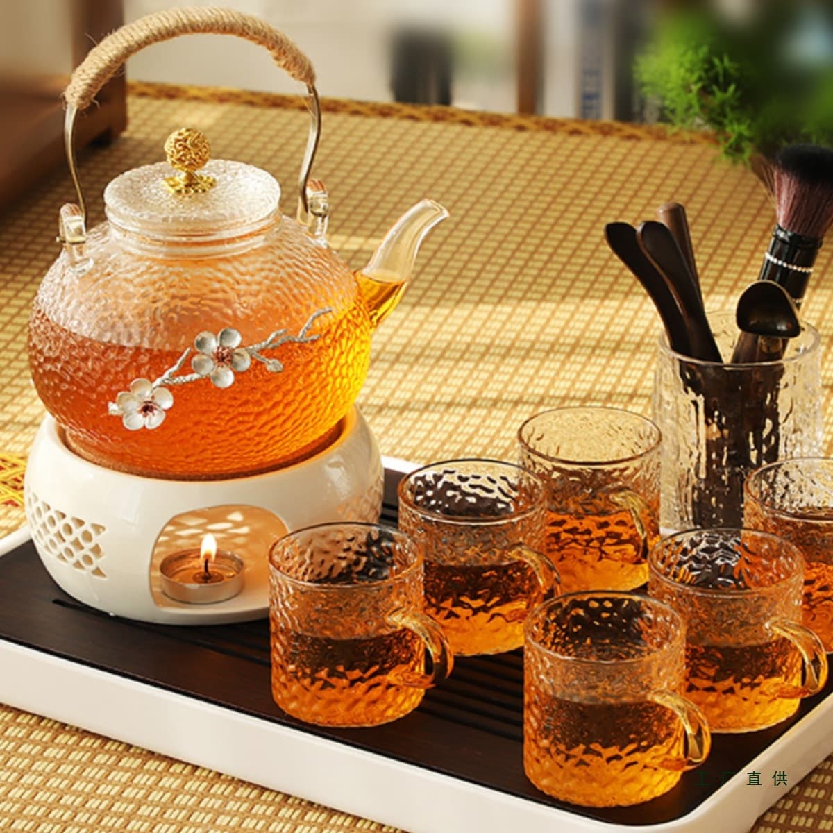 Heat-Resistant Glass Flower Tea Pot with Filter Insulation Electric Ceramic Stove Tea Brewer Afternoon Tea Set Heating Candle Base