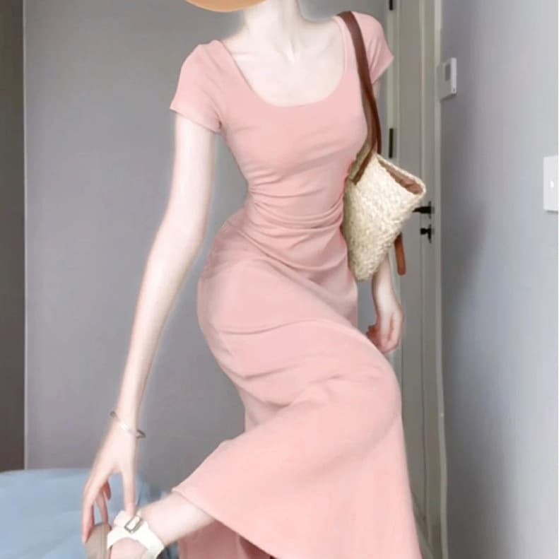 Casual simple style solid color U-neck dress for women slightly fat long skirt little mom waist bag hip skirt summer cross-border wholesale