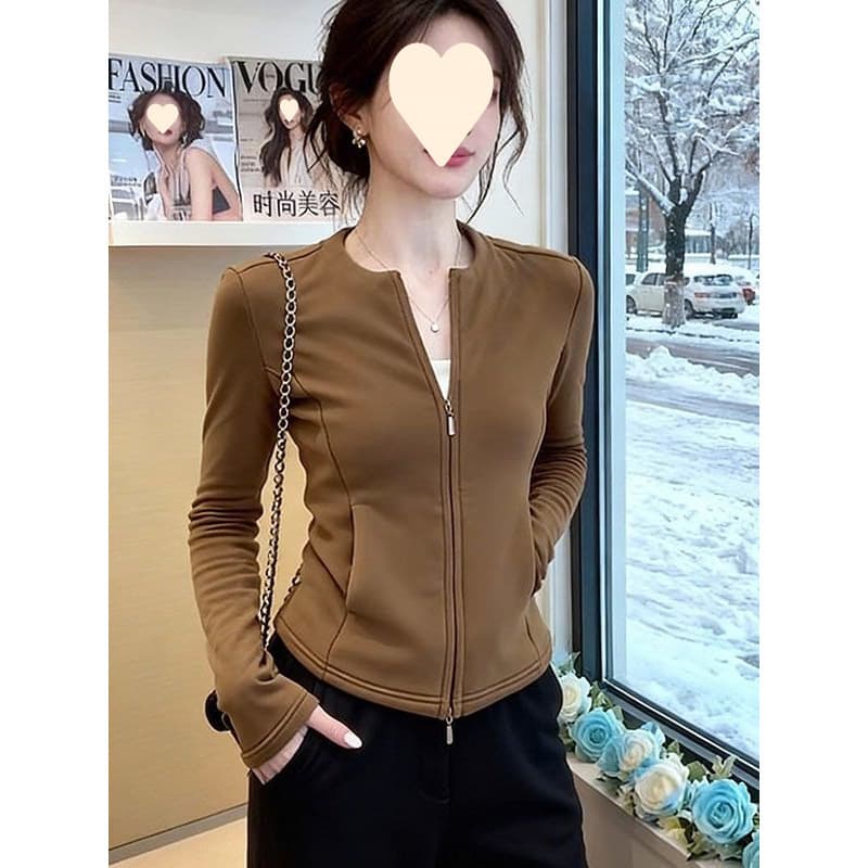 High-end cardigan jacket bottoming women's spring 2026 new large size fat MM slim double zipper top