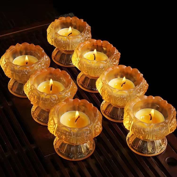Lotus Lamp Candle Holder for Home Use, Offering Lamp in Front of Buddha, Sacred Lotus Glass Eternal Lamp Holder, Butter Lamp Base, Colorful Glass Lamp Holder