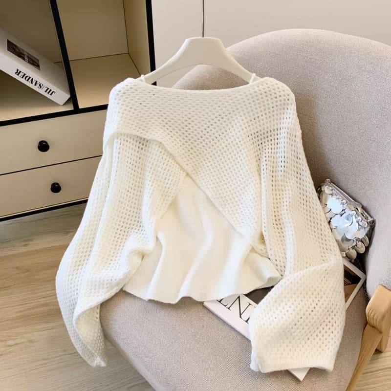 Real shot of white knitted sweater for women 2025 design niche unique versatile hollow blouse top two-piece set ins