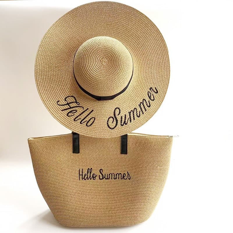 New summer large brim sun protection hat for seaside vacation travel large capacity shoulder bag straw hat set bag