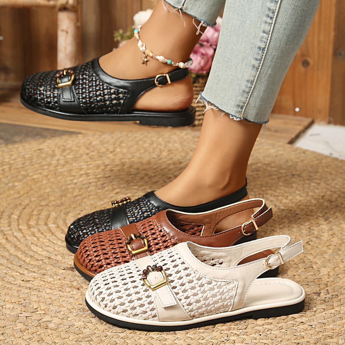 Large Size Women's Slip-On Woven Sandals with Buckle, New Summer Style, European and American Fit, French Sizing, Size Difference 0.5, Casual Women's Shoes