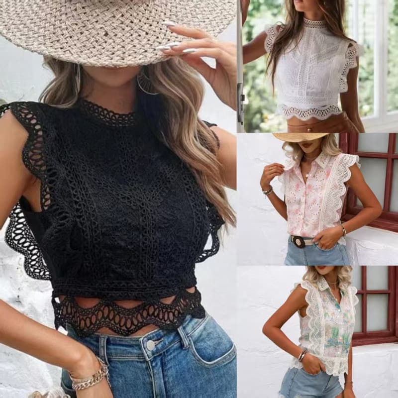 European American Sexy Hollow Out Solid Color Lace Embroidery Zipper Women's Vacation Top Lace Blouse Short Sleeve Shirt Summer