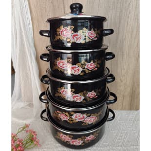 Thickened Black Enamel 5-Piece Soup Pot Set, Kitchen Glass Lid, Double Handle Stew Pot, Enamel Pot for Noodles