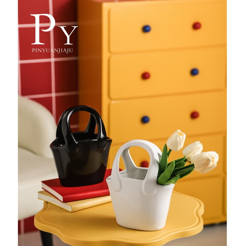 Creative Handbag Ceramic Vase Flower Arrangement Premium Sense Niche Home High Appearance Living Room Entryway Flower Vase Light Luxury Ornament