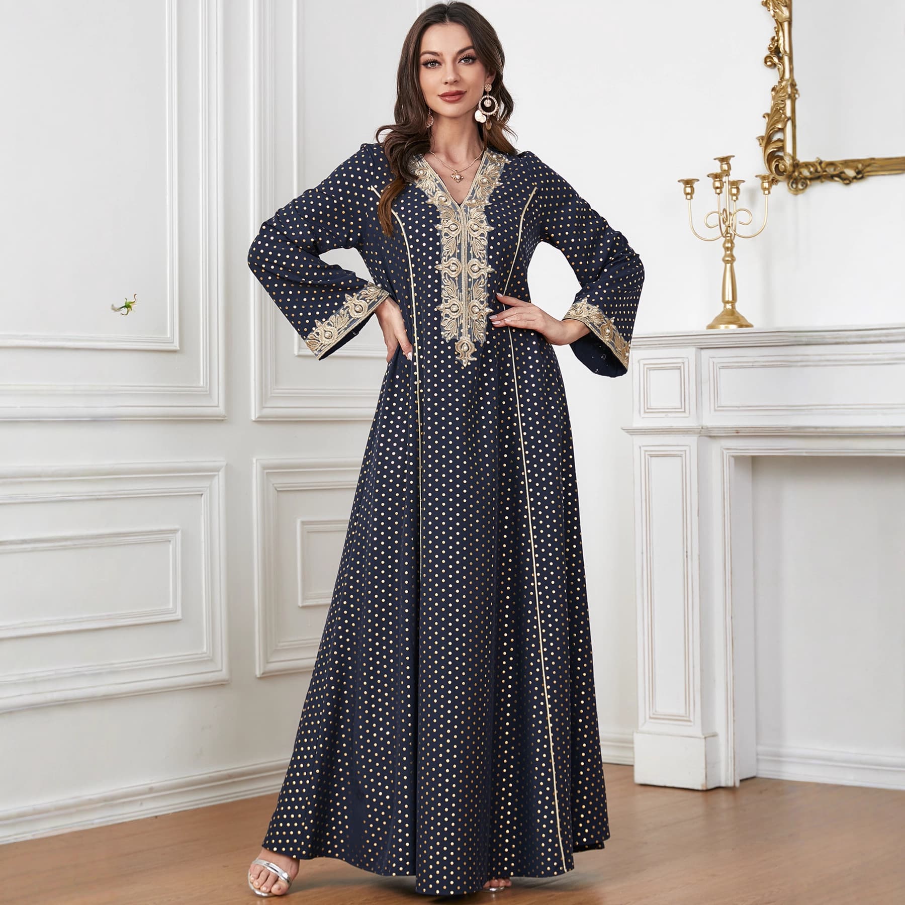 Amazon Best-Selling Abaya Women's Dresses, Gold Foil Embroidery V-Neck Dress