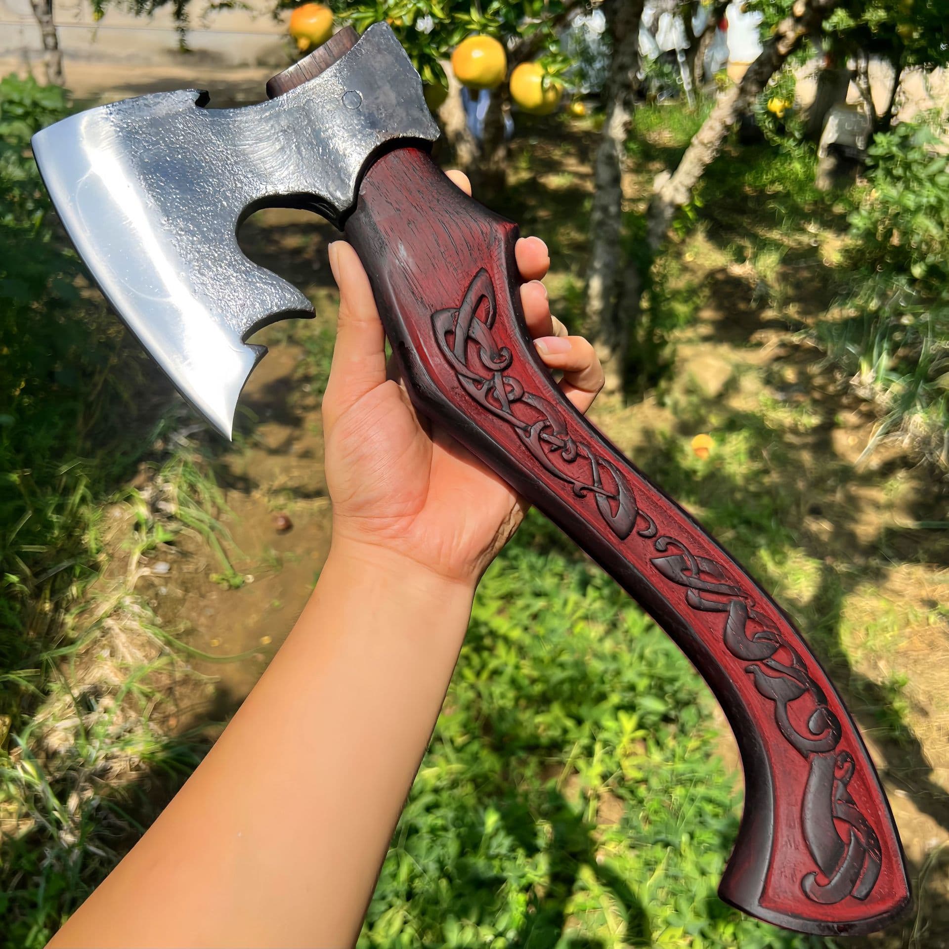 Carved Nordic Battle Axe, Multi-functional Portable Bushcraft Axe, Tactical Camping Axe, Wholesale Woodworking Splitting Axe