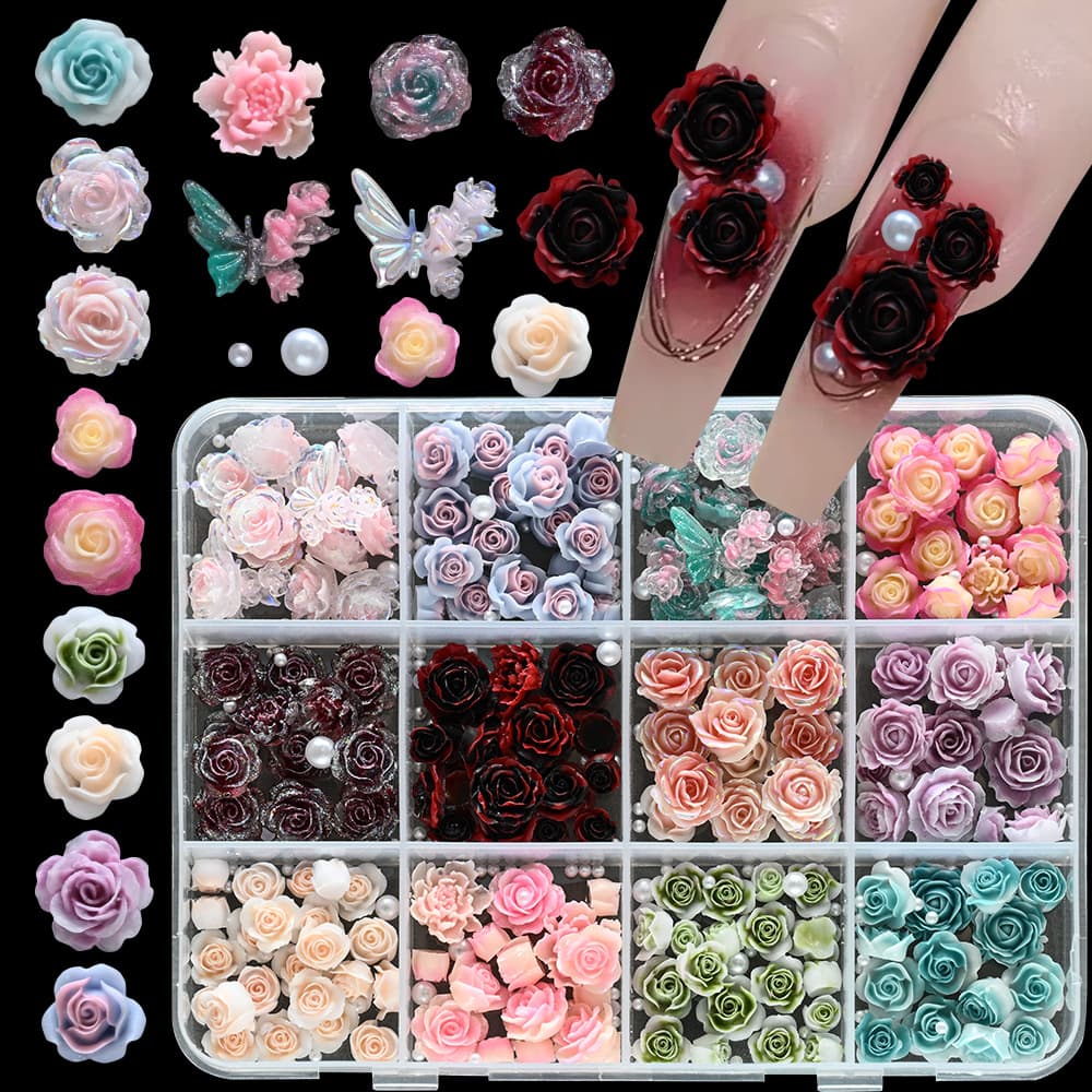 Cross-border new 12-frame nail art jewelry mixed fruit camellia bow resin nail jewelry nail decoration