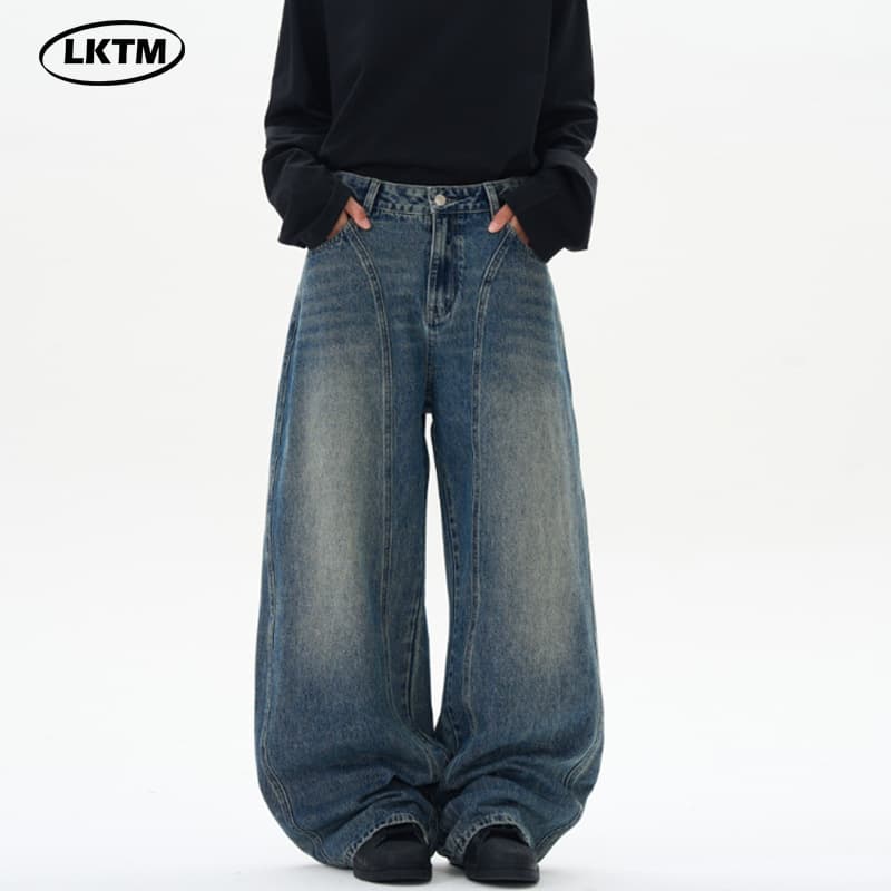 LKTM Men's Vintage Washed Patchwork Loose Knife Jeans Straight Leg Casual Cotton Trousers for Youth Spring Summer Autumn