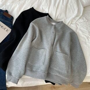 Petite Slim Fit Gray Fleece Baseball Jacket for Women, Spring and Autumn Thick Black Button Casual Cardigan Sweatshirt