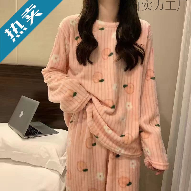 Plus Size Coral Fleece Winter Pajamas for Women, Warm and Sweet Cartoon Homewear Set with Pants