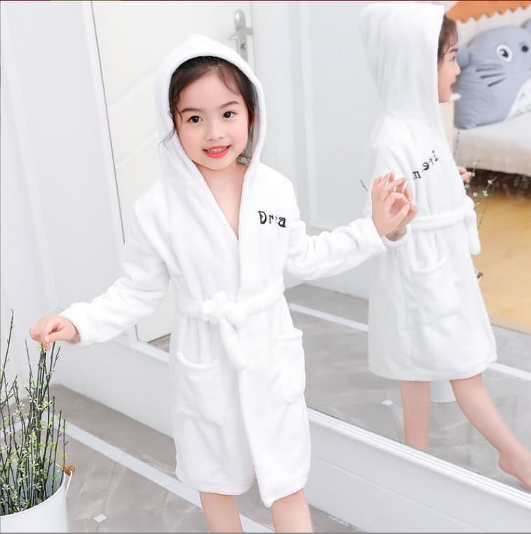 Children's Cartoon Letter Flannel Homewear Autumn/Winter Style European/American Hooded Warm Sleepwear Bathrobe Ready Stock Direct Supply