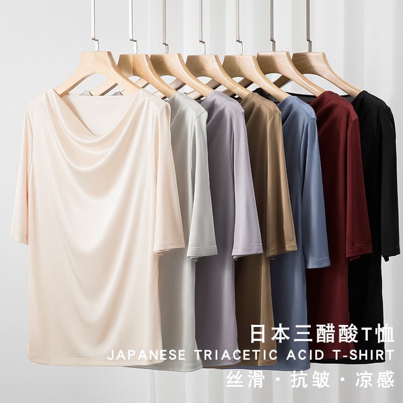 Japanese Sanling Acetate Short Sleeve Women's Solid Cool Iron-Free One-Shoulder Draped Neck Half Sleeve T-Shirt