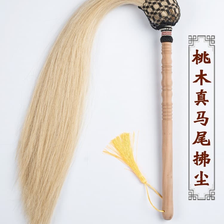 Tai Chi Whisk, Genuine Horsehair Peach Wood Buddhist Whisk, Wudang Martial Arts Practice Floating Dust Fly Whisk Sweeping Daoist Home Dusting Ritual Tool