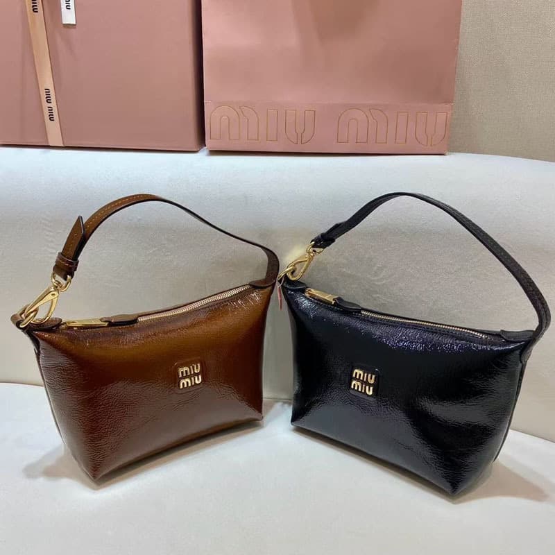 MIU Patent Leather New Lunch Box Bag Letter Single Shoulder Women's Bag Simple Underarm Bag High-End Lightweight Handbag