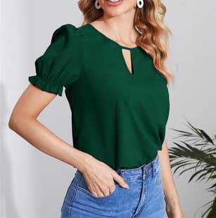 New European and American Cross-Border Fashion Simple V-Neck Bubble Sleeve Loose T-Shirt Blouse for Women Elegant Pullover