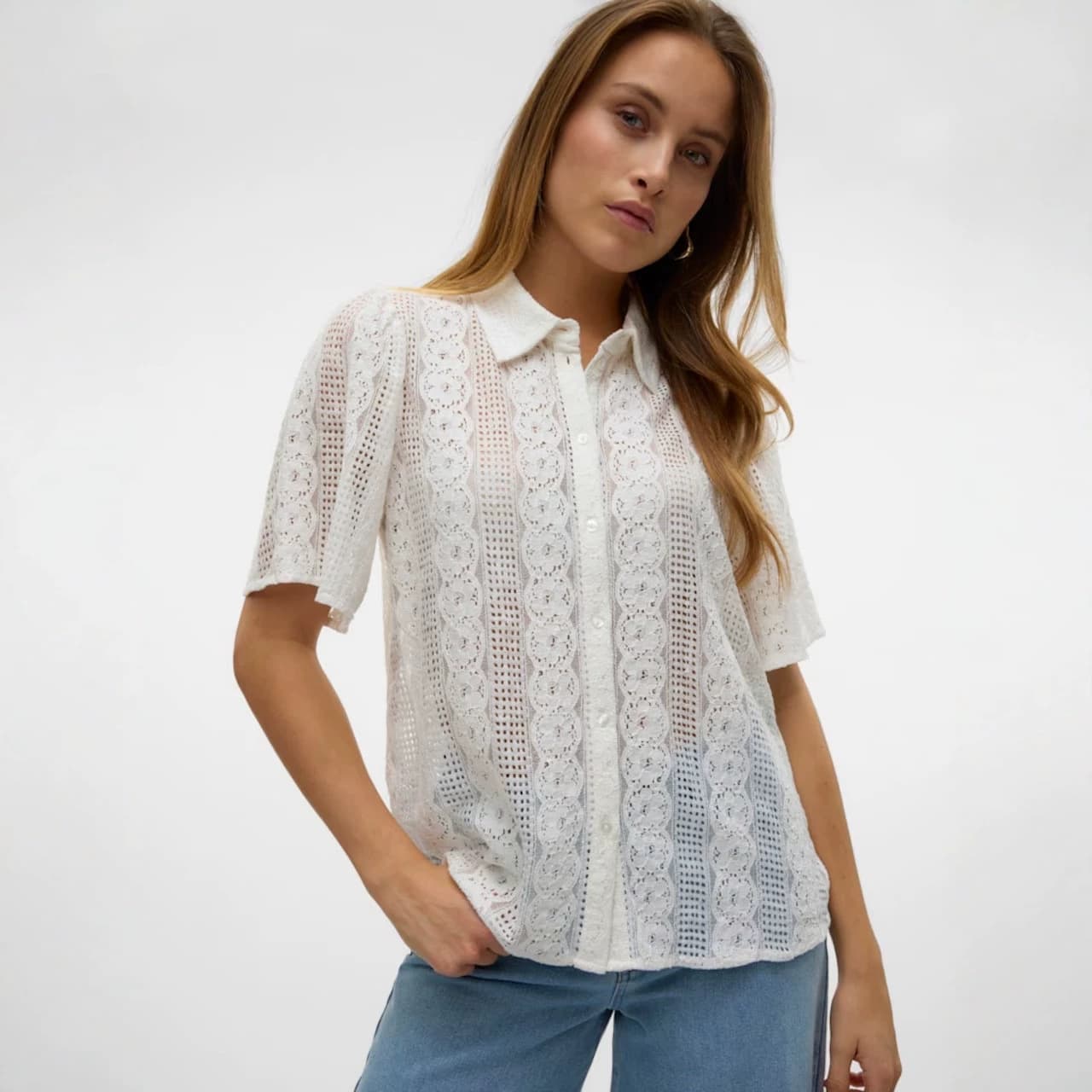 French Cotton Breathable Lace Cutout Short Sleeve Blouse Women Summer New Elegant Cross-Border Export European and American Women's Clothing