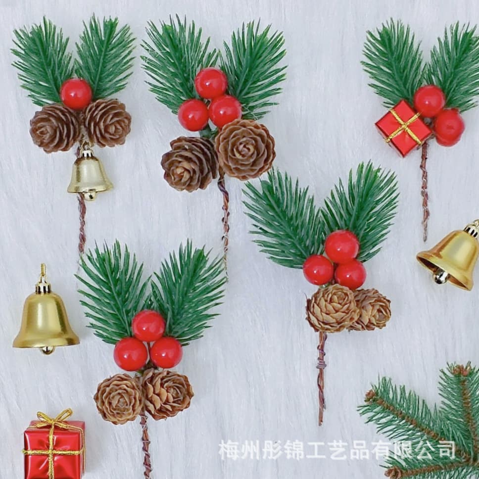 Christmas Pine Needle and Pinecone Picks, Artificial Pine Needle and Pinecone Ornaments, Mini Gift Box Accessories, Plastic Pinecone Decorations