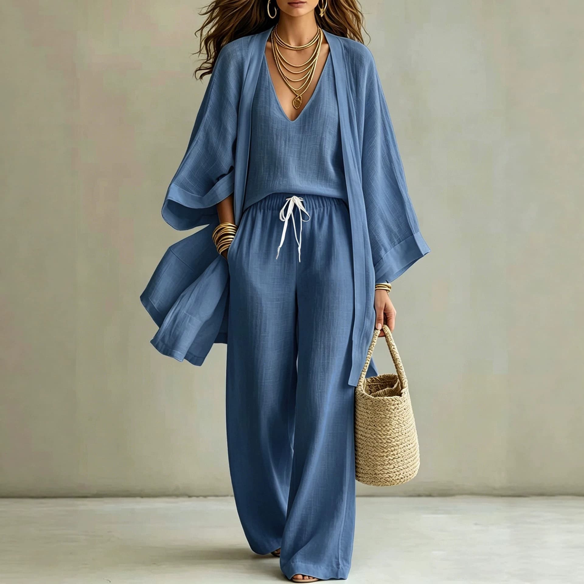 European and American cross-border women's spring, summer and autumn loose cotton and linen long-sleeved cardigan with V-neck vest and trousers casual three-piece set