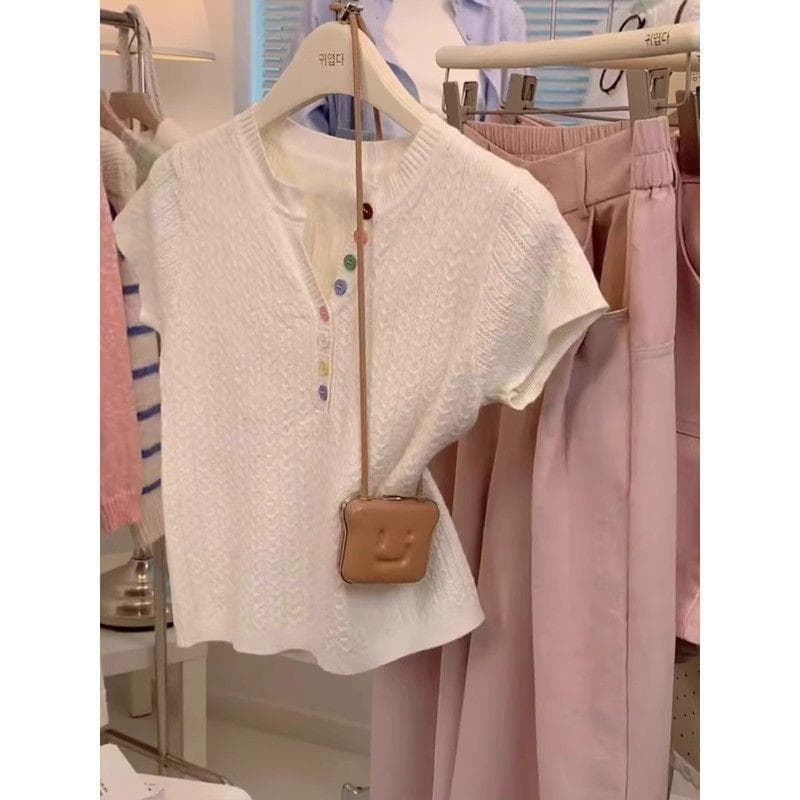 Korean style gentle style colorful button short-sleeved T-shirt for women's summer outer wear design with a western style and age-reducing knitted sweater top
