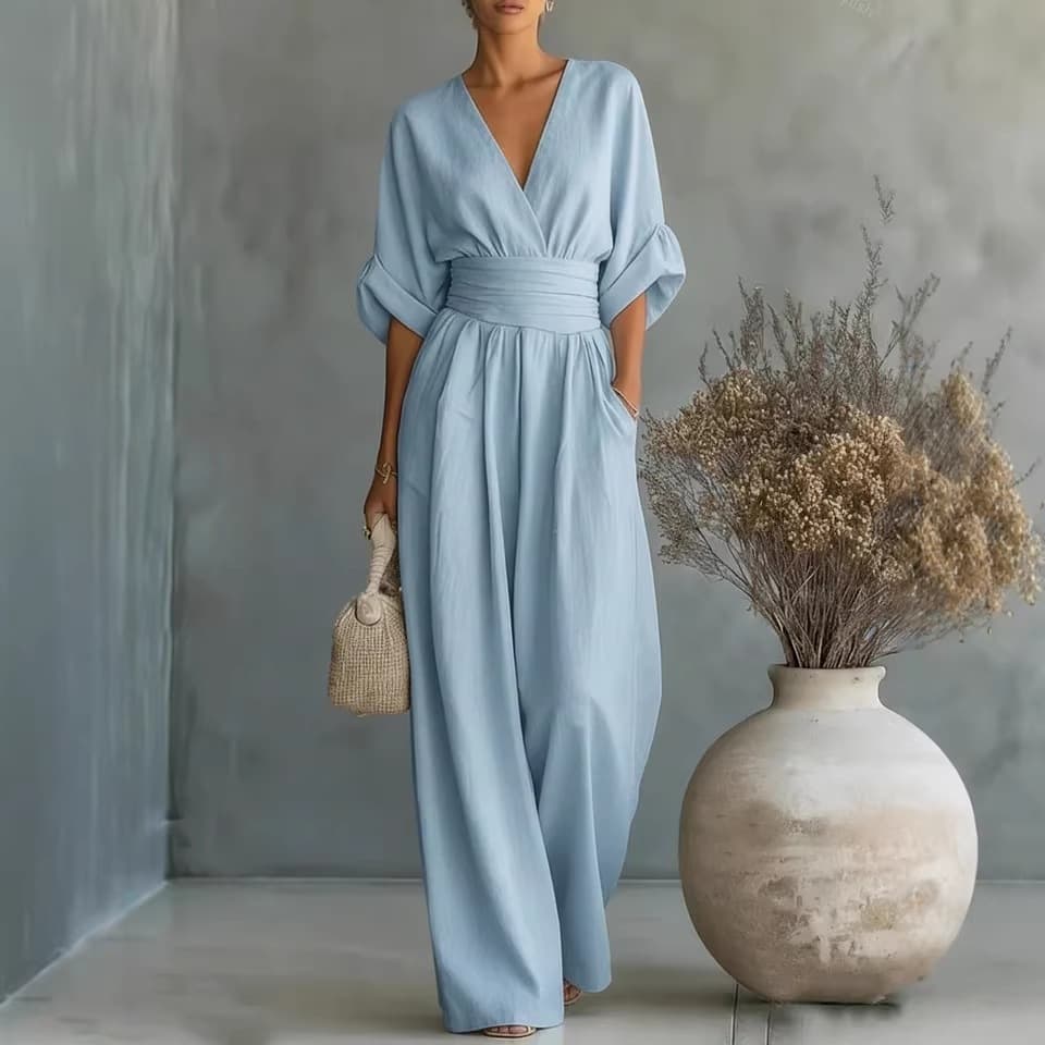 In-Stock 2026 European and American Cross-Border Spring/Summer New Amazon Elegant Waist-Cinching V-Neck Stylish Women's Jumpsuit