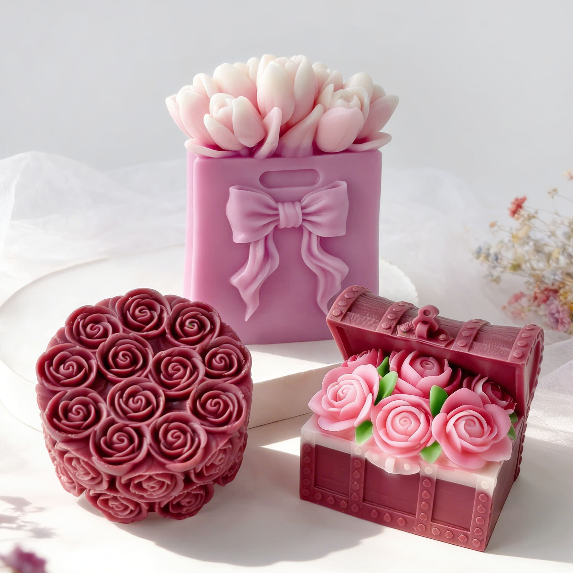 Jiahuimei Valentine's Day Rose Cylinder Scented Candle Silicone Mold DIY Tulip Bouquet Plaster Mold