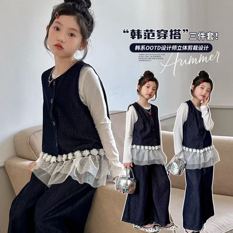 2026 Fall Girls Casual Set Big Kids Korean Style Lace Flower Jeans Three-Piece Outfit