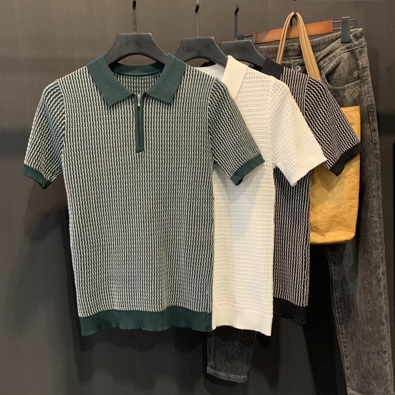 2025 Short-Sleeve Polo Shirt Men's Summer Lightweight Knit Half-Zip Jacquard Breathable Slim Fit Short Sleeve Korean Style