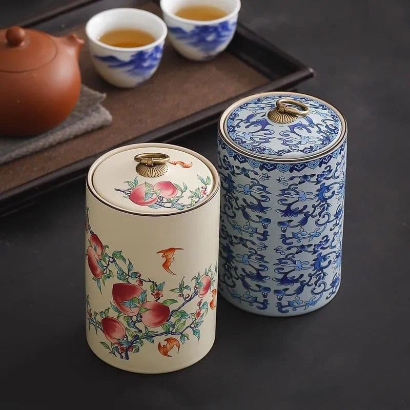 Ru Kiln Celadon Storage Jar, Home Tea Canister, Vintage Ceramic with Interlocking Lotus Pattern, Moisture-Proof, Chinese-Style Airtight Tea Container