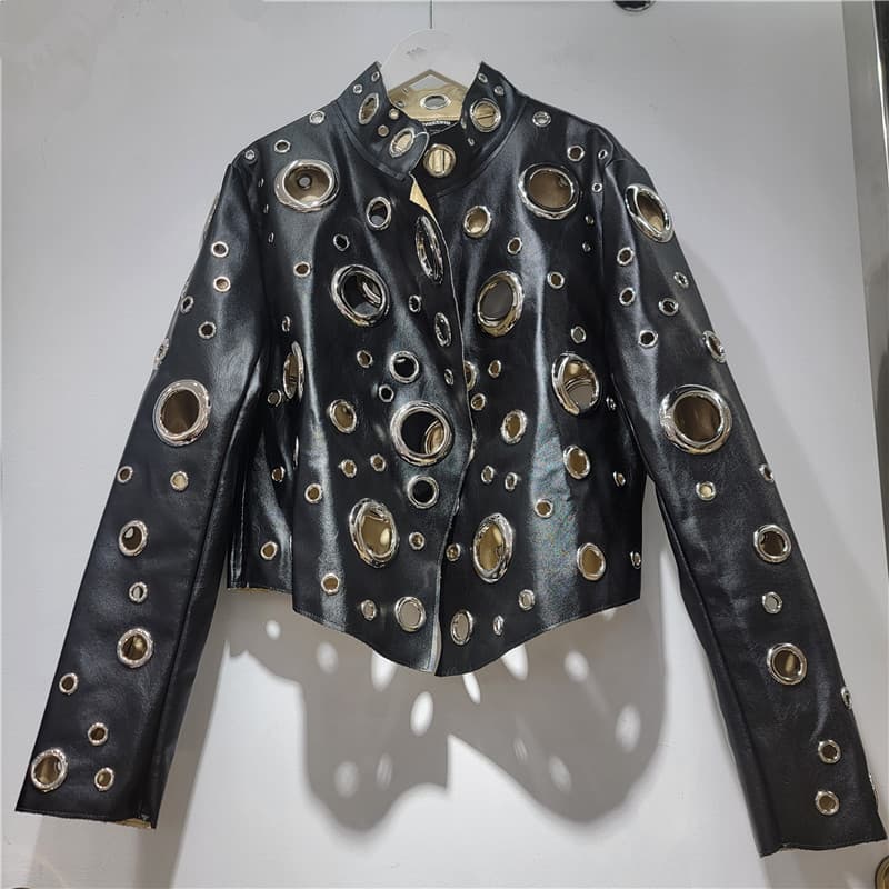 Niche Design Full-Print Eyelet Hollow PU Leather Short Jacket, Street Cool Black Stand Collar Leather Coat
