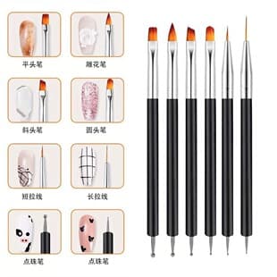 New Black Handle 6-Piece Dual-Ended Nail Art Brush Set: Dotting Pen, Flower Needle, Crystal Brush, Painting Brush, Liner Brush, Gel Brush