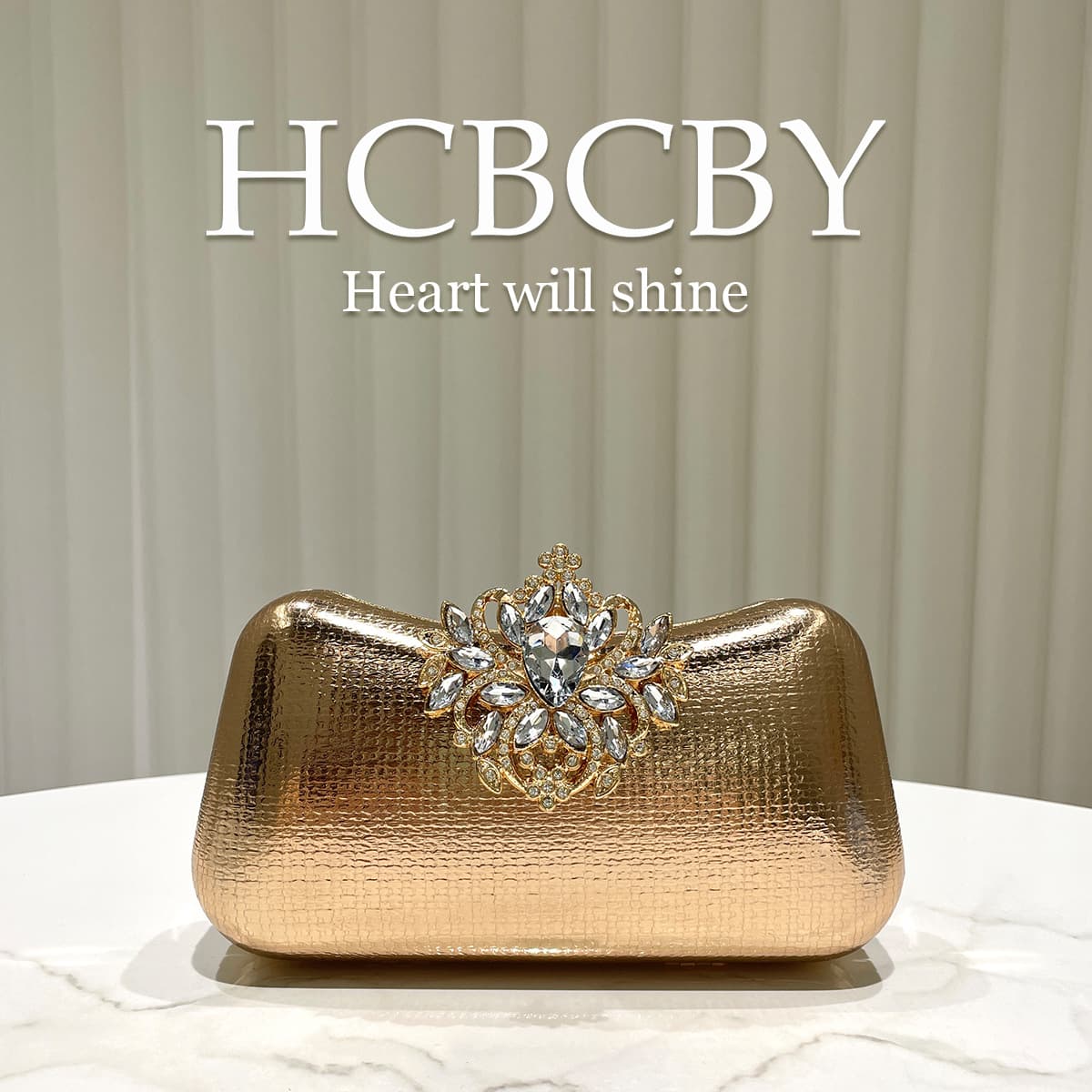 Brown shiny reflective PU plaid evening bag Women's fashionable and elegant rhinestone buckle box clutch