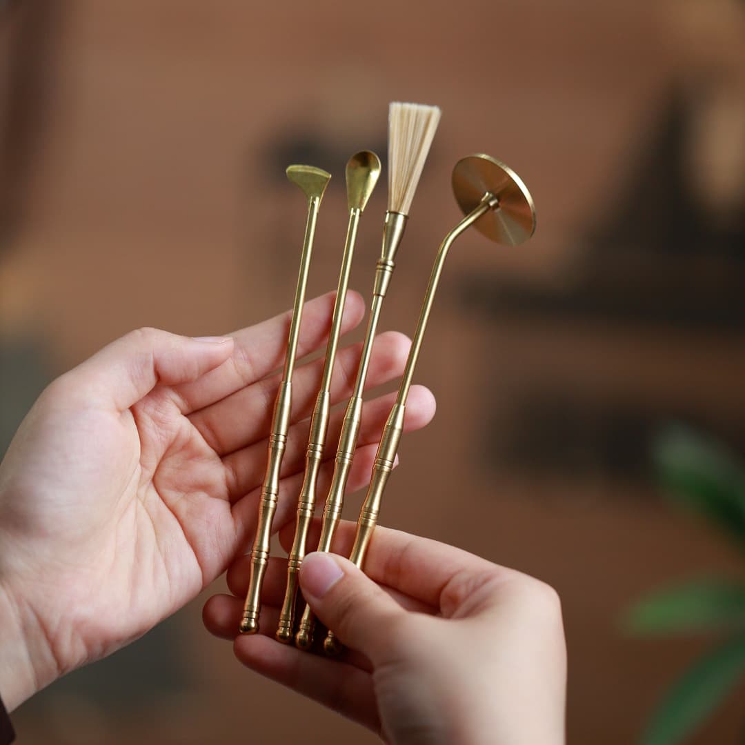 Pure Brass Incense Seal Tools Bulk Five-Piece Set with Sandalwood, Ash, Spoon, Brush, and Powder Scoop