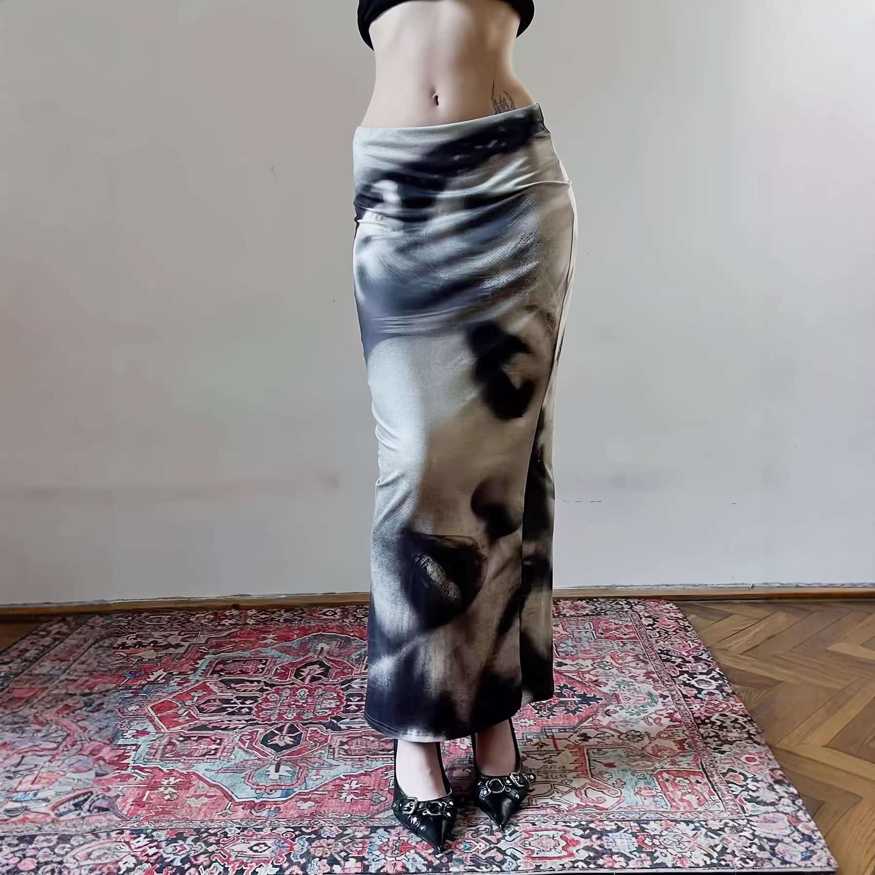 European and American Style Women's 2026 New Tie-Dye Print Long Skirt, Slim Fit Bodycon Skirt, Stretchy Versatile Midi Skirt