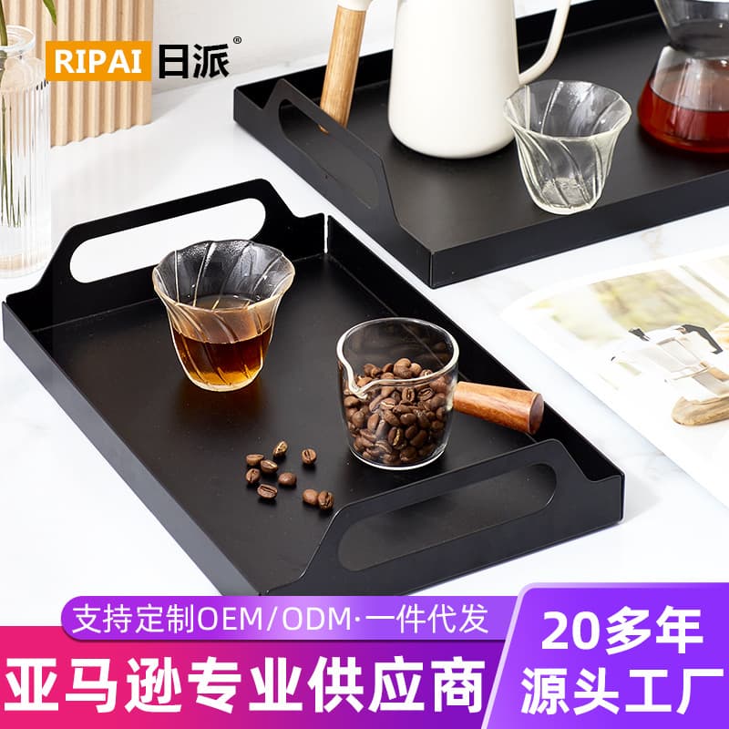 High-end wrought iron tray, square storage tea tray, desktop cabinet metal snack tray, water cup drainer.