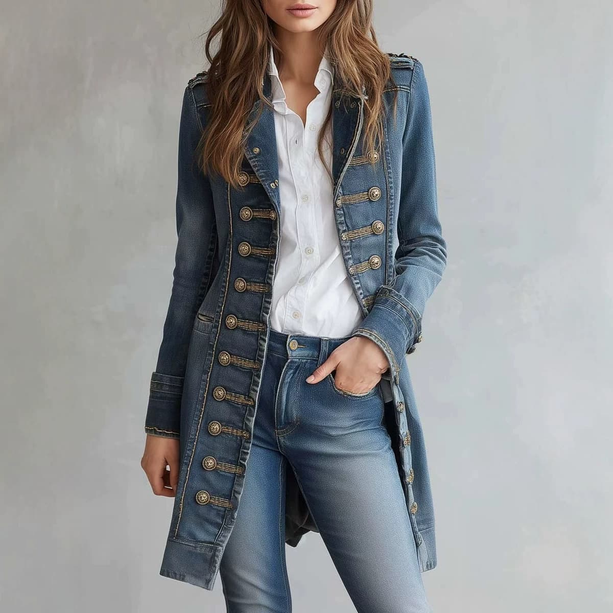 Women's Denim Jacket 2026 New Trendy Slim Fit Button Decor Stand Collar Long Sleeve High-Waist Short Coat