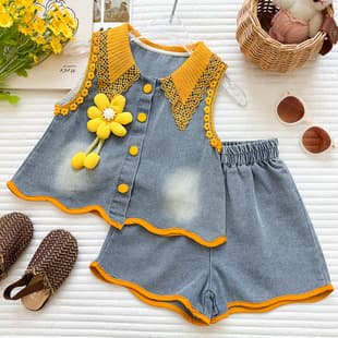 Girls Denim Set Thin 2026 Summer New Fashion Bow Sleeveless Vest Shorts Two-Piece Set